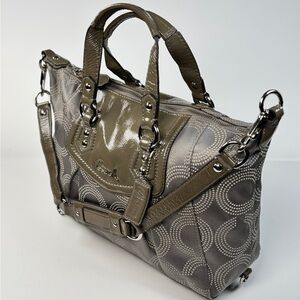 Coach Taupe Signature Satchel with Patent Trim